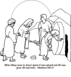 When Mary came to Jesus' grave it was opened and He was gone. He had raisen. Matthew 28:1-7 bible verse Jesus Christ empty tomb coloring page