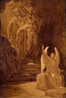 Jesus Christ empty tomb and mother Mary inside the rocks with angels Christian religious picture